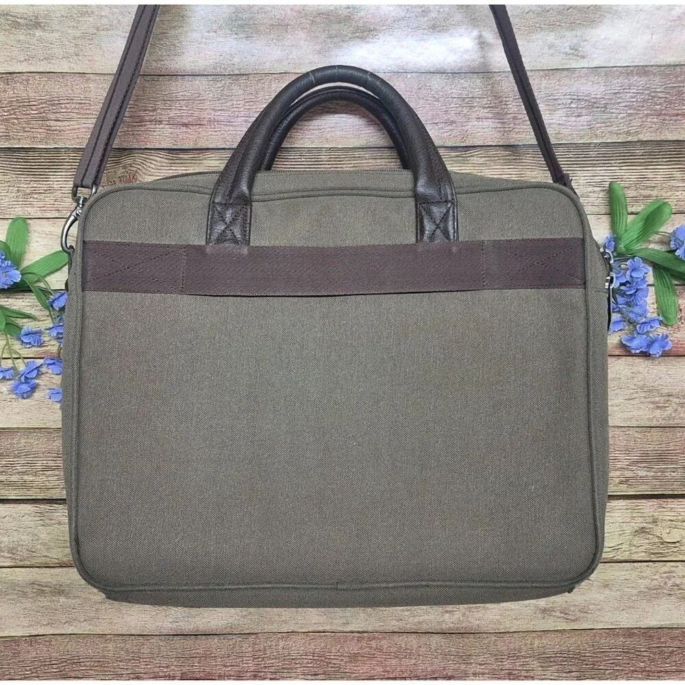 SOLO Green Canvas Brown Briefcase Laptop Case Messenger Bag Multi-Pocket
